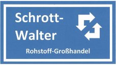Hier ist das Firmen Logo von Schrott-Walter Rohstoff-Großhandel zu sehen. Es ist Blau mit weißer Schrift und vier Pfeilen auf der rechten Seite die ein Quadrat zeichnen, die Ursprünge liegen links oben und rechts unten.